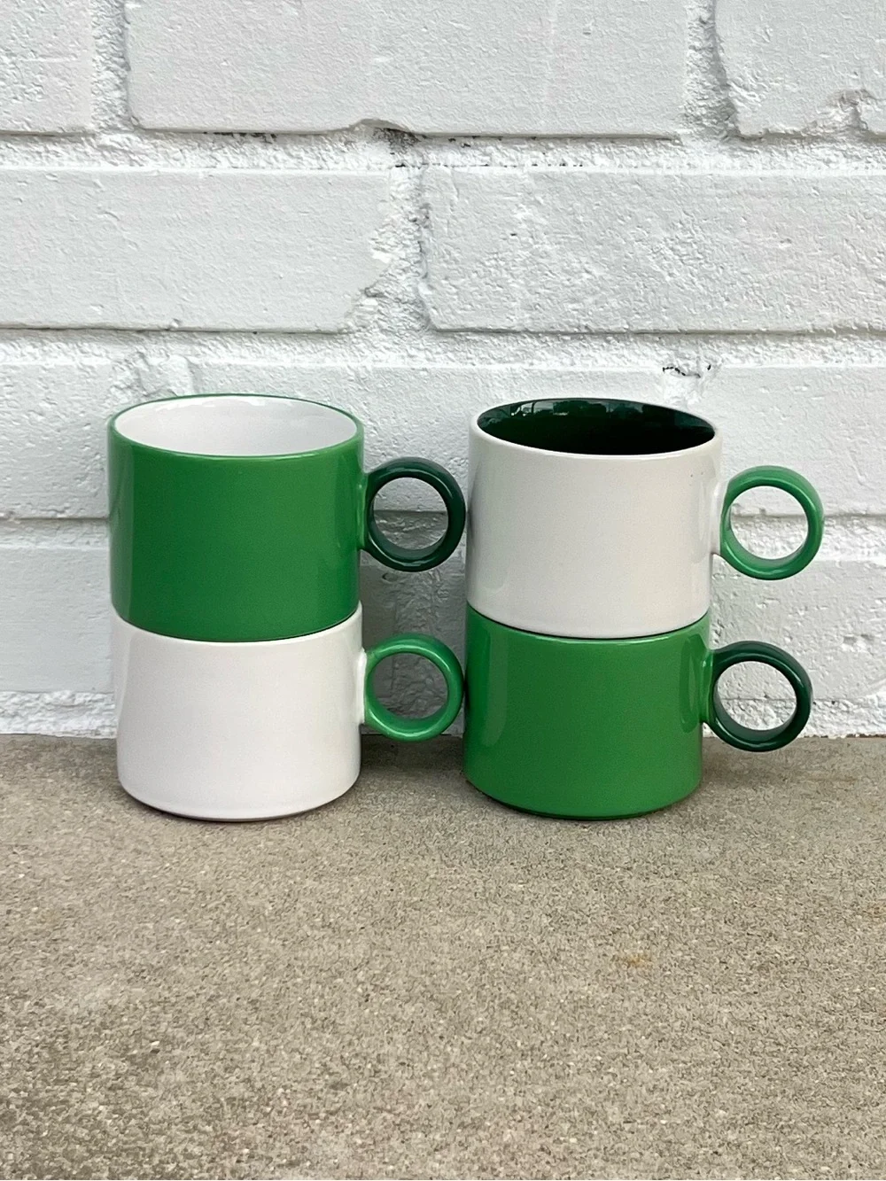 IKEA Stackable Porcelain Mugs Green and White
